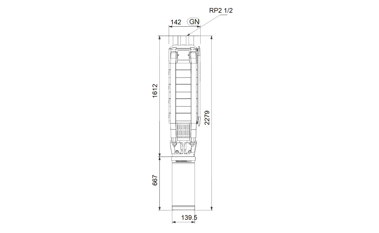 Vertikale Grundfos Unterwasserpumpe mit klarer Zeichnung, Maßangaben und Anschlussdetails, geeignet für Tiefeninstallation und Wasserförderung.