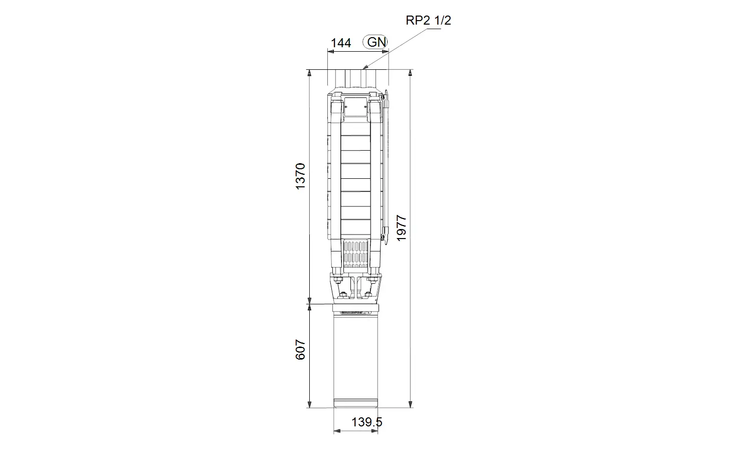 Vertikale Unterwasserpumpe von Grundfos mit mehreren Segmenten und integrierter Anschlussstelle, abgebildet in technisch detaillierter Seitenansicht.