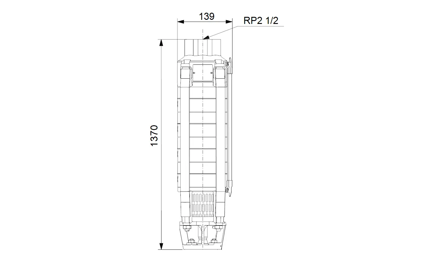 Vertikale Grundfos-Pumpe mit einem schlanken, zylindrischen Design. Sichtbare Anschlussstellen und Luftauslass. Technische Details wie Maße sind nicht angegeben.