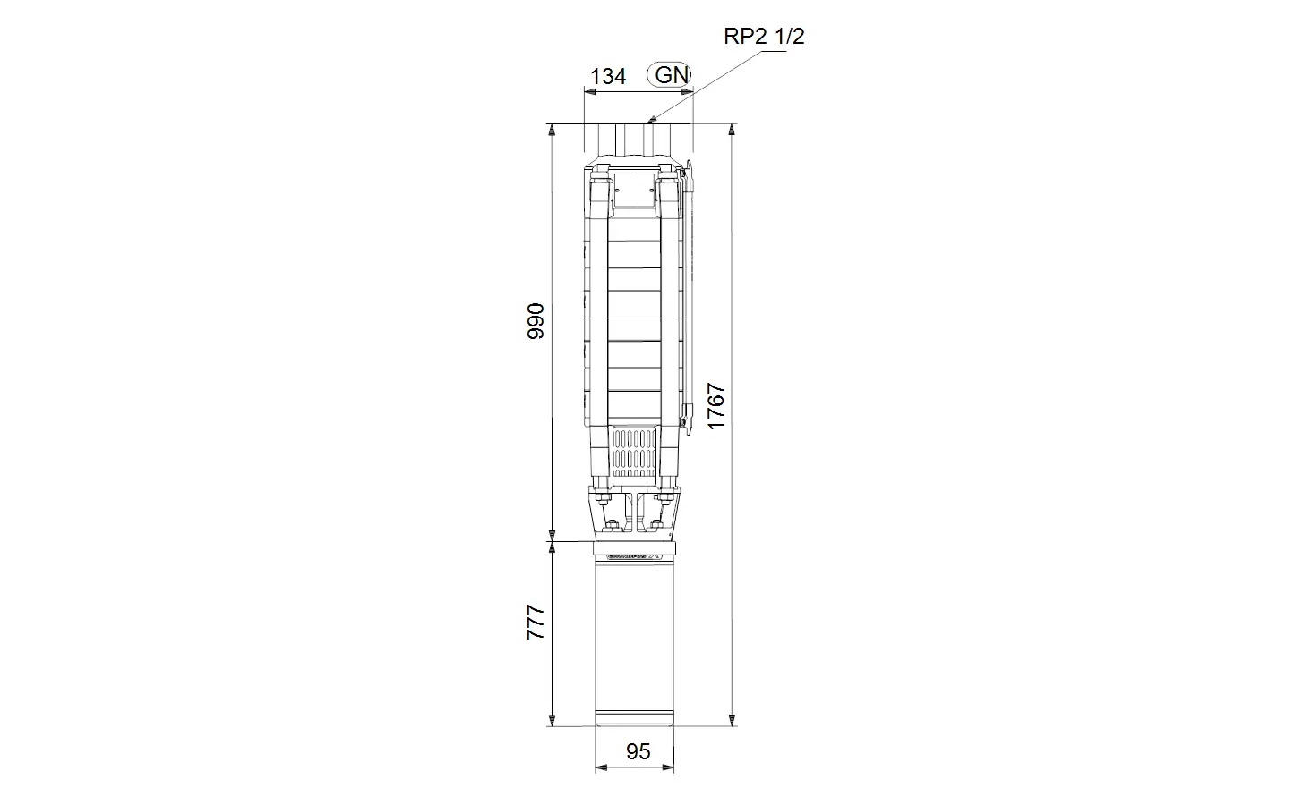 Zeichnung einer Unterwasserpumpe von Grundfos. Das Diagramm zeigt die Seitenansicht der Pumpe mit verschiedenen Abmessungen und Anschlüssen.