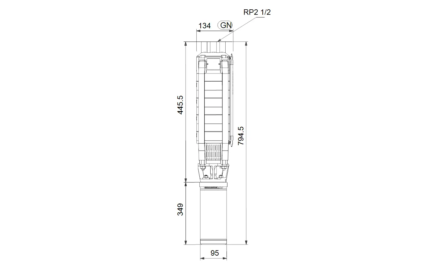 Vertikale Unterwasserpumpe von Grundfos, mit einer klaren Kontur und den angegebenen Maßen. Die Konstruktion zeigt Details zur Befestigung und Anschlüssen.