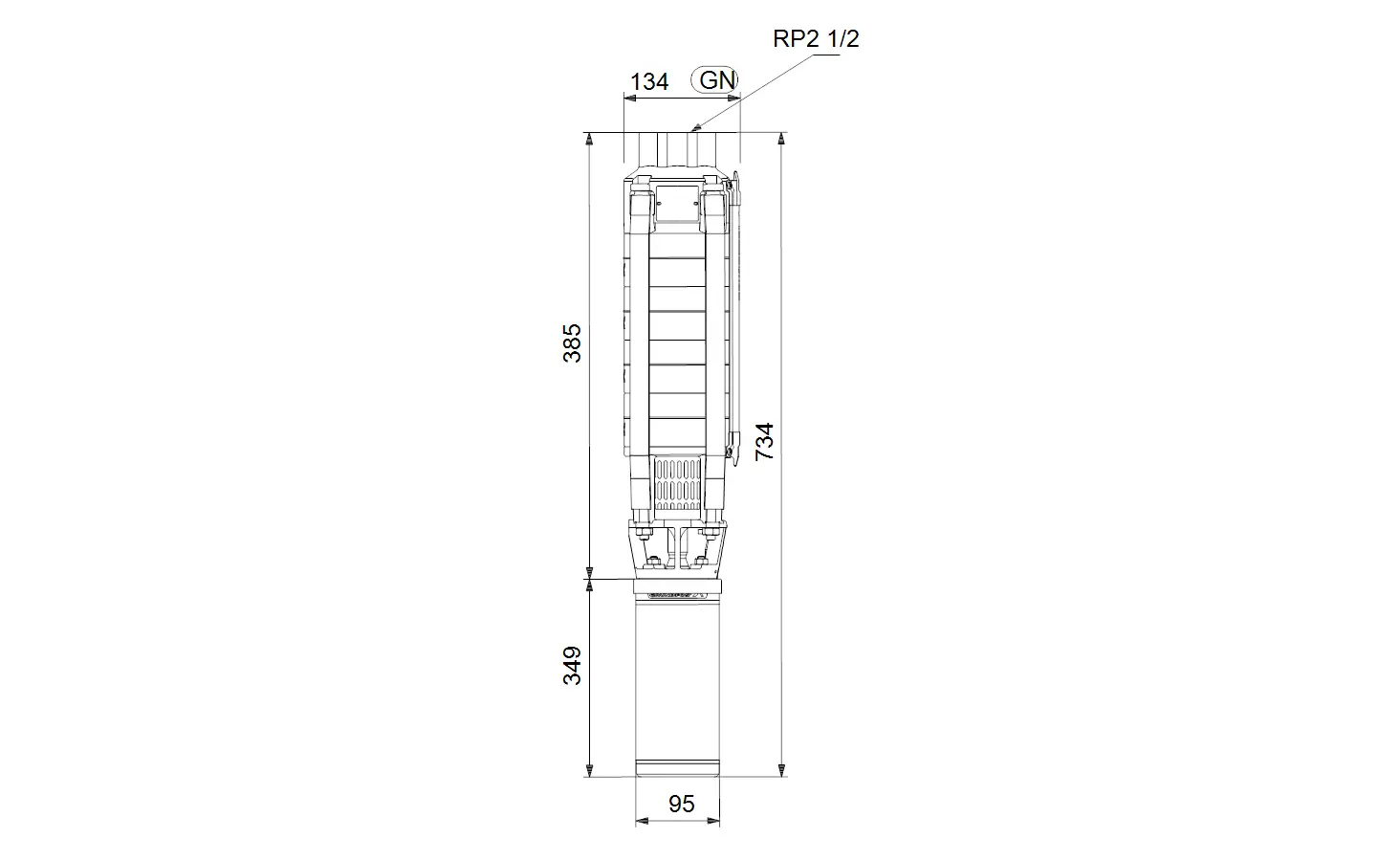 Vertikale Unterwasserpumpe mit einem zylindrischen Gehäuse, technische Details wie Maße und Anschlüsse sind abgebildet. Produkt von Grundfos.