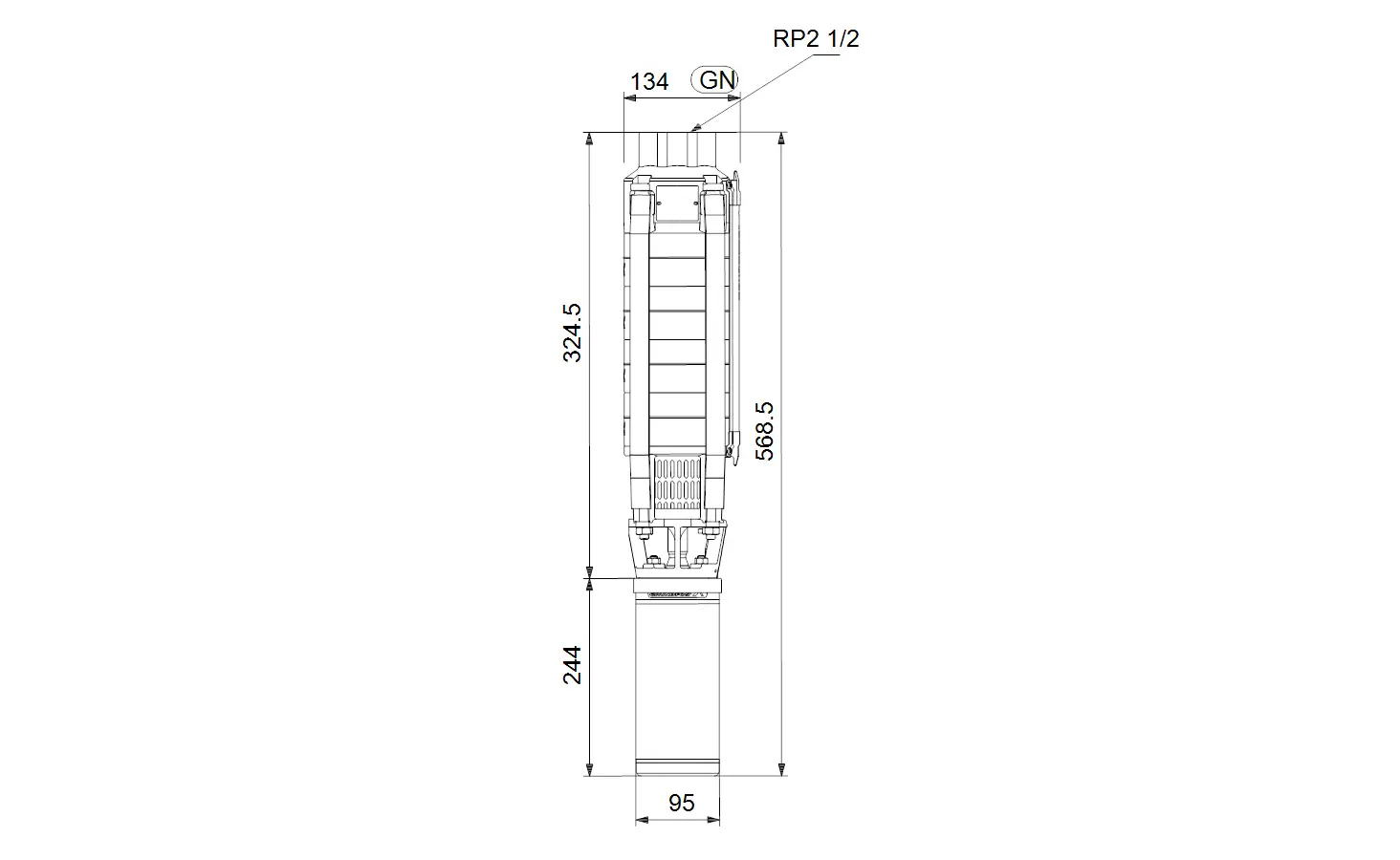 Technische Zeichnung einer Unterwasserpumpe von Grundfos. Seitenansicht mit Maßangaben, einschließlich Höhe und Durchmesser, dargestellt in einem schematischen Format.