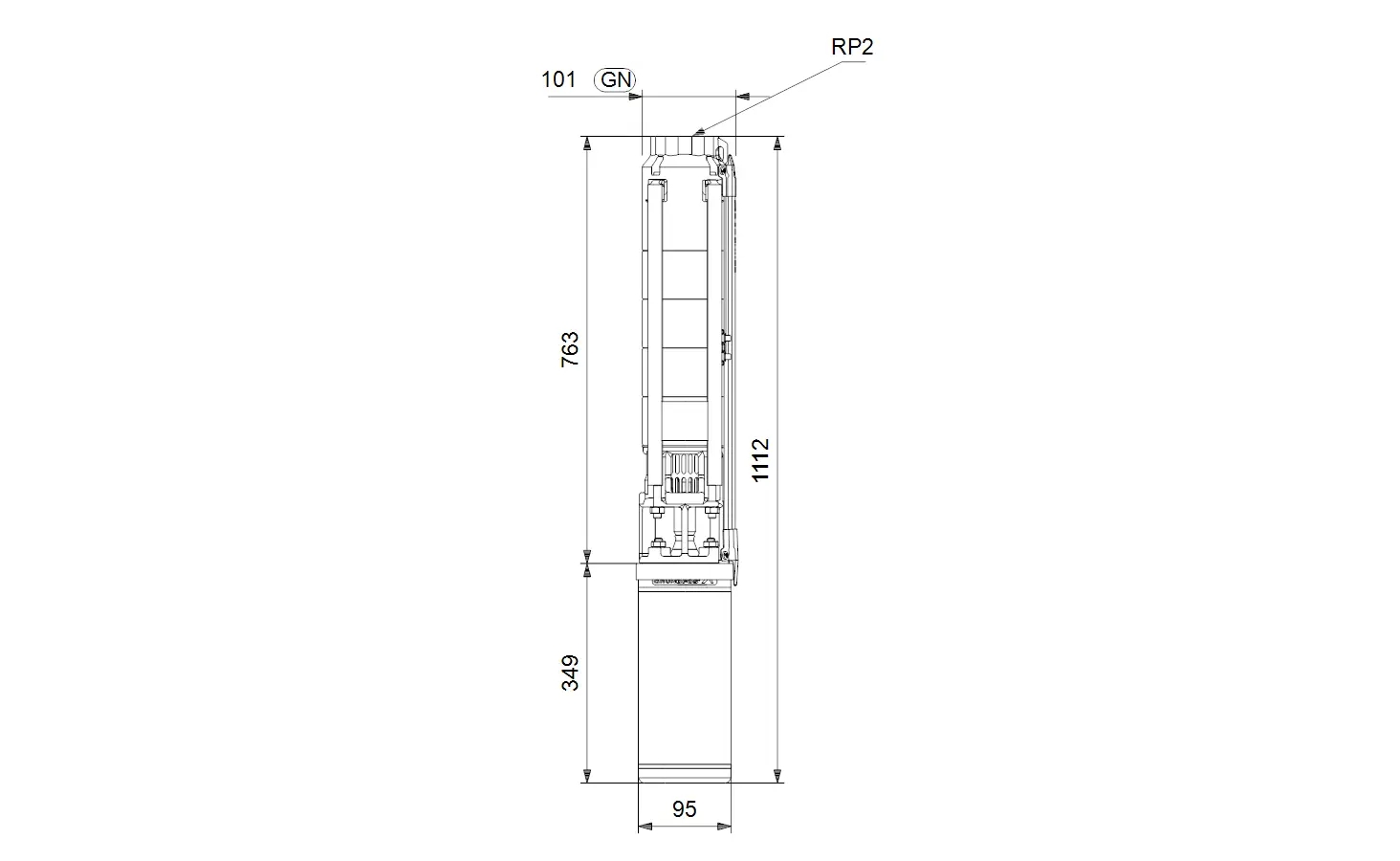 Technische Zeichnung einer Unterwasserpumpe von Grundfos mit seitlicher Ansicht und Maßangaben, die die Konstruktion und Abmessungen des Geräts darstellt.