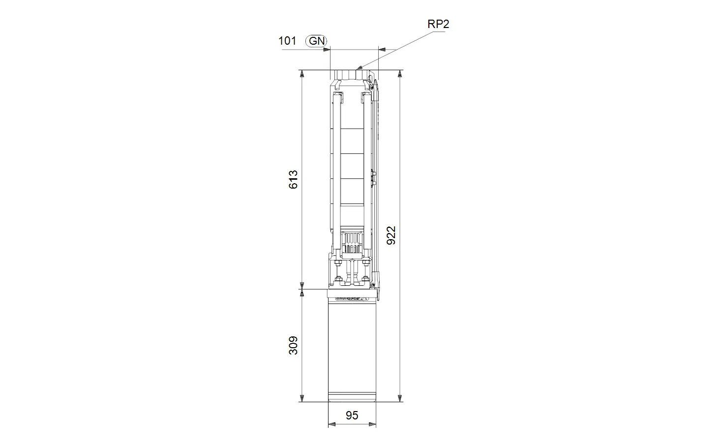 Schematische Darstellung einer Brunnenpumpe von Grundfos mit vertikaler Bauweise und verschiedenen Maßeinheiten für Installation und Abmessungen.