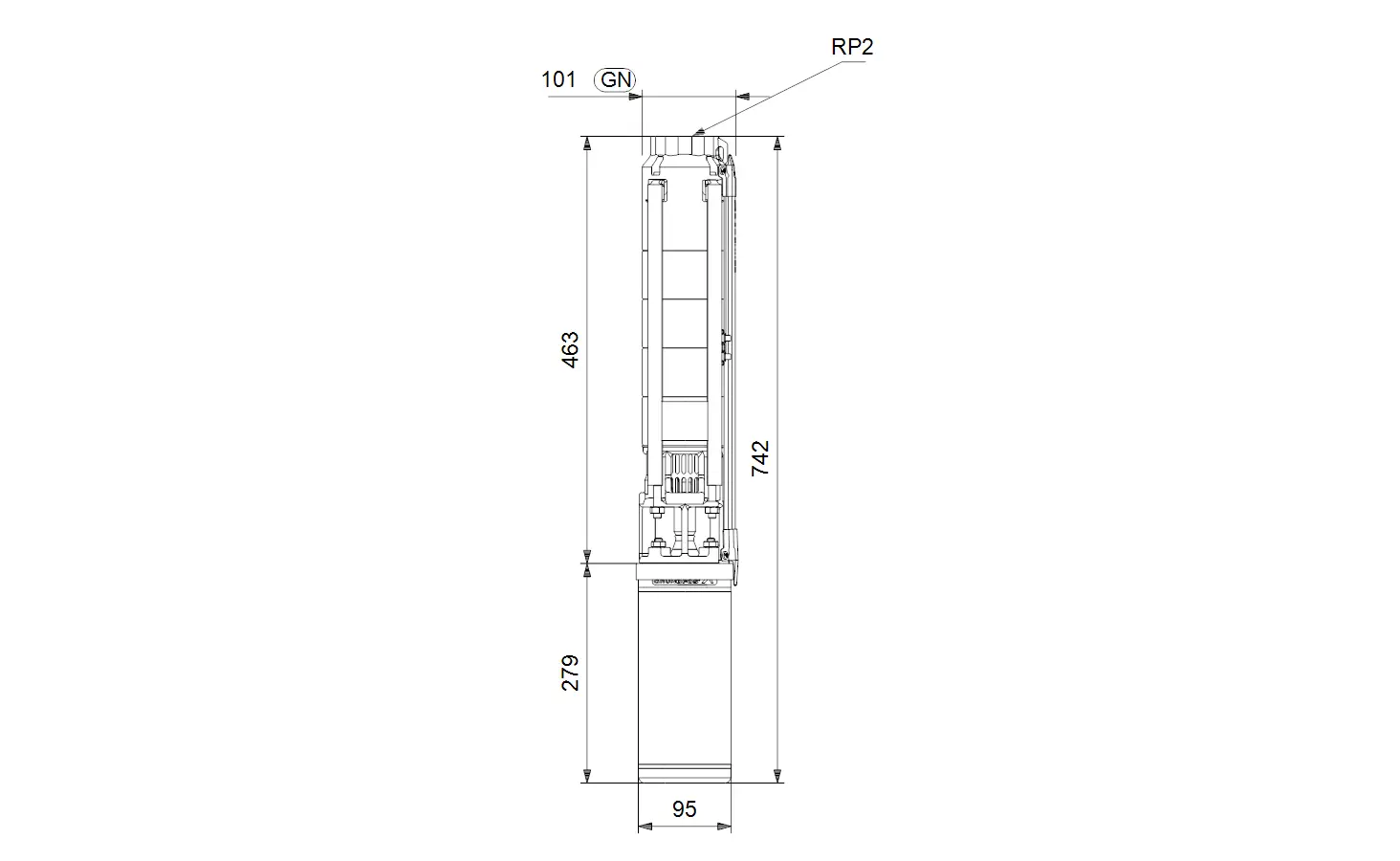 Vertikale Brunnenpumpe von Grundfos, dargestellt mit technischen Maßen und Elementen. Sichtbar sind verschiedene Baugruppen sowie Anschlussdetails.