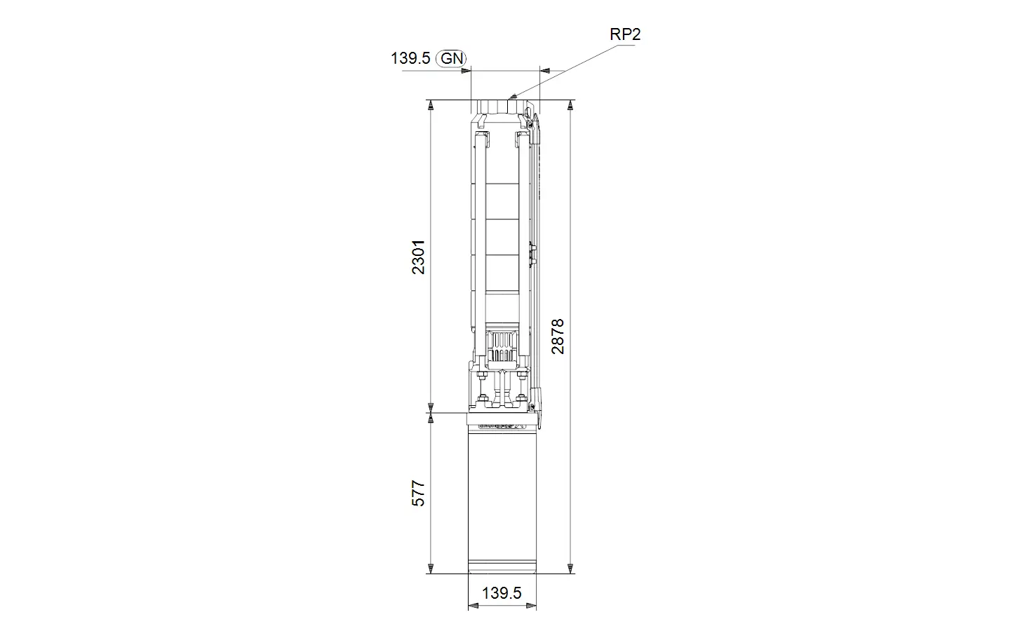 Vertikale Brunnenpumpe von Grundfos mit klaren Kanten und sichtbaren Maßen. Abgebildet ist die Pumpe in seitlicher Ansicht mit technischen Details.