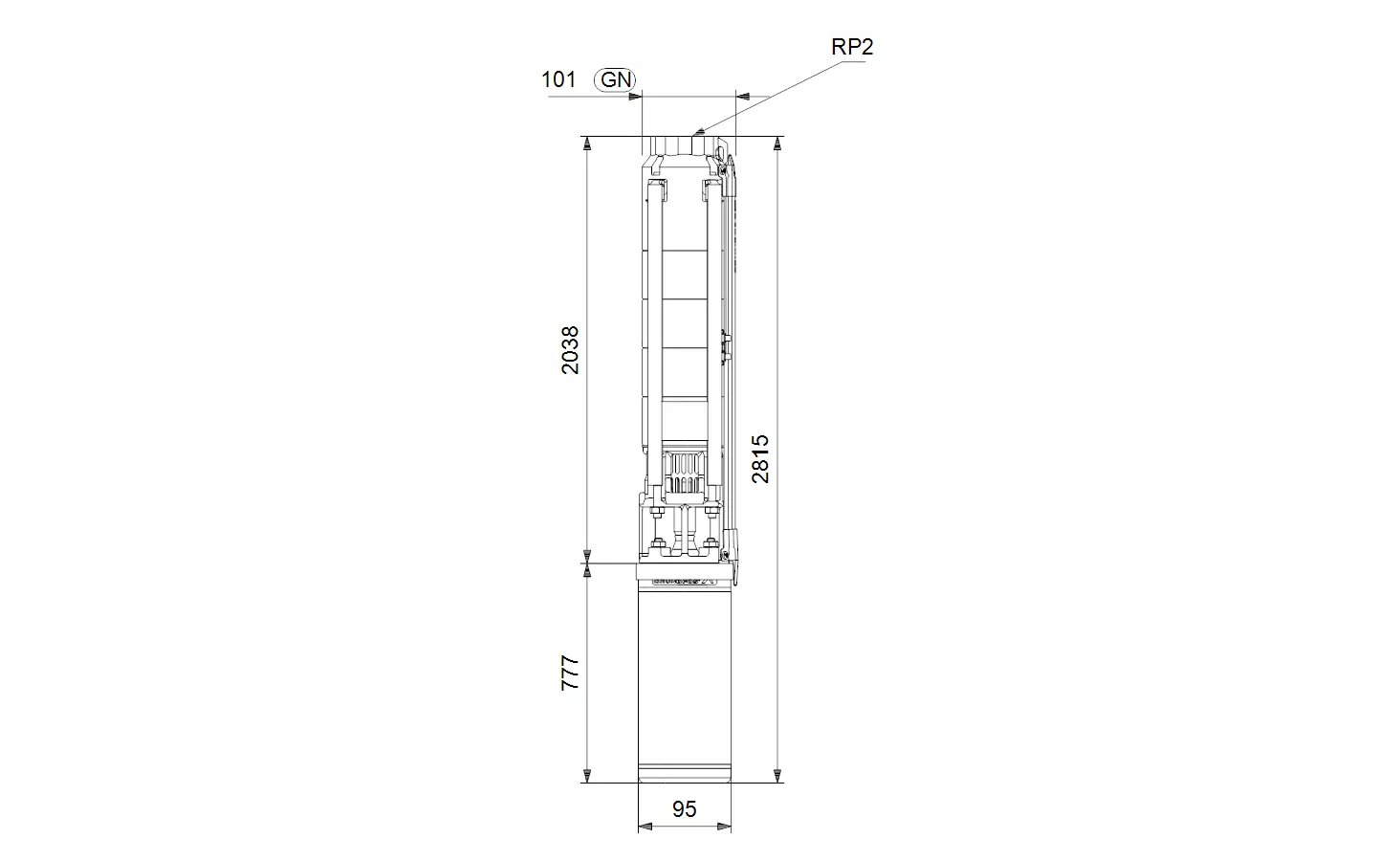 Vertikale Brunnenpumpe von Grundfos, mit einem klaren, technischen Design, inklusive maßstabsgetreuer Darstellung der Höhe und Breite im Diagramm.