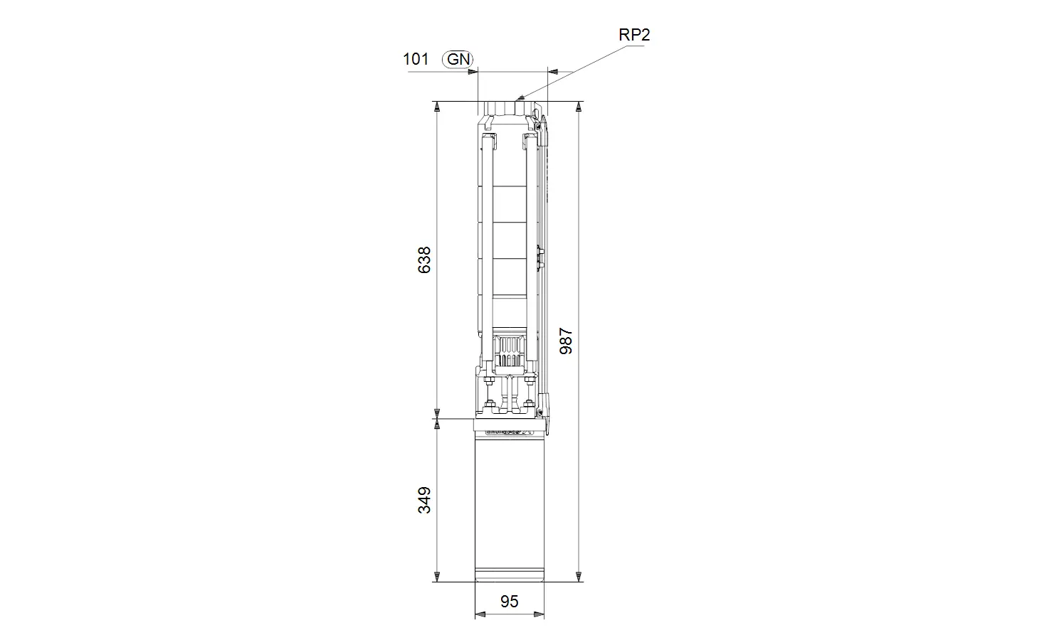 Vertikale Brunnenpumpe von Grundfos mit technischem Diagramm und Abmessungen; zeigt Details zur Konstruktion und Anordnung der Komponenten.