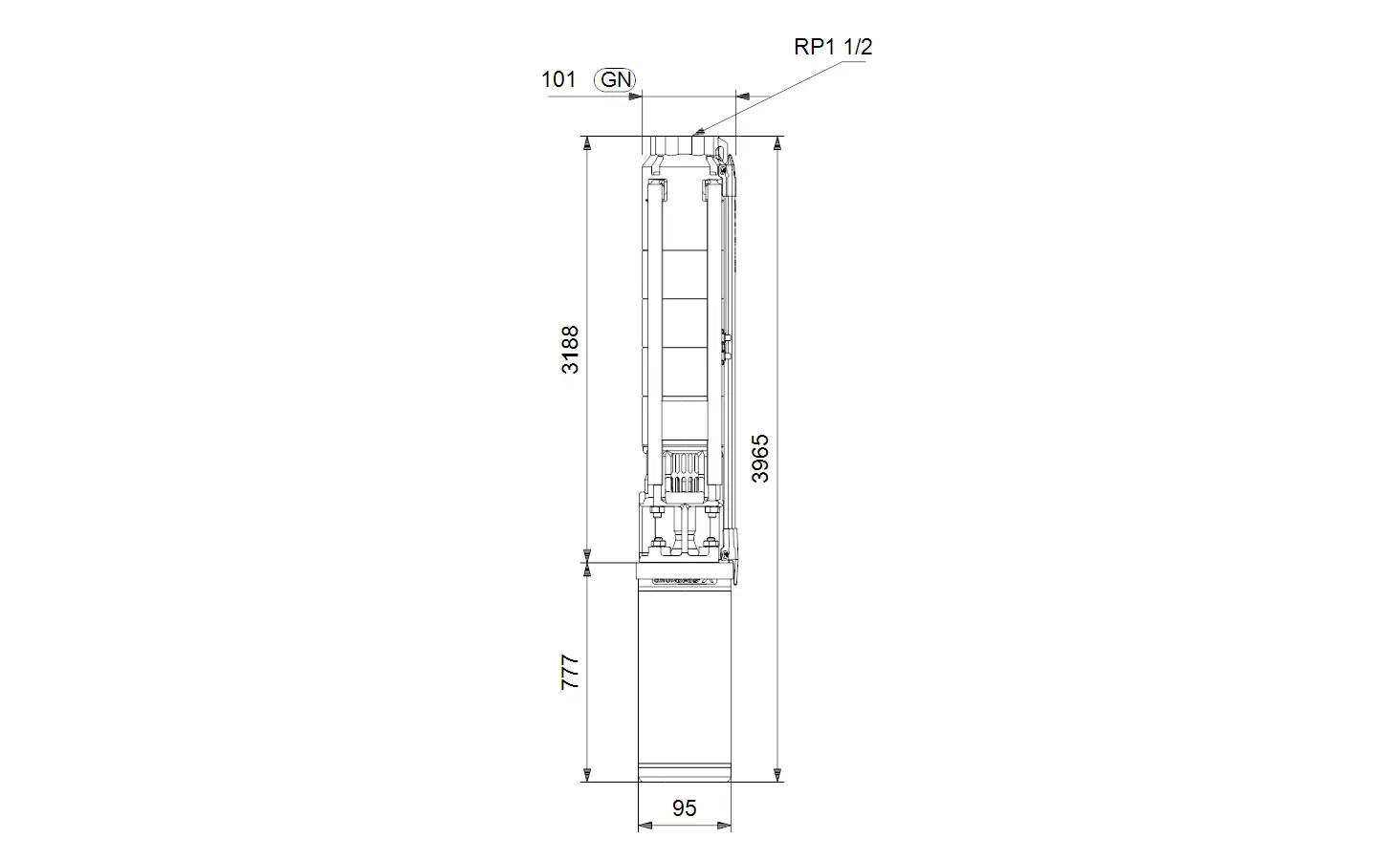 Vertikale Brunnenpumpe von Grundfos mit technischer Zeichnung, Maße und Anschlussdetails, dargestellt in einem schlichten Diagramm ohne weitere Spezifizierungen.