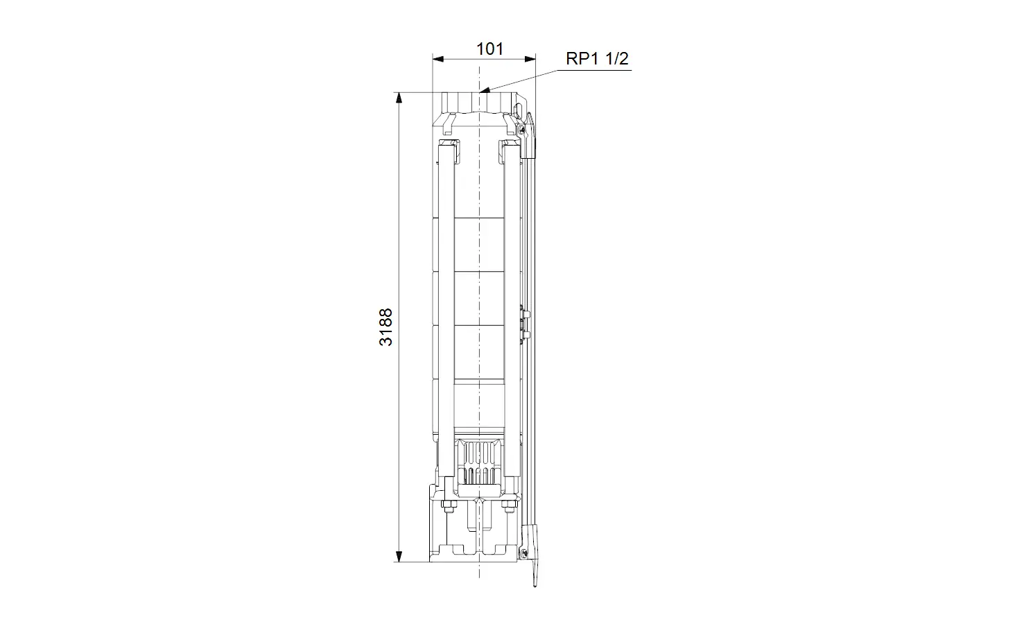 Technische Zeichnung einer Grundfos-Unterwasserpumpe mit vertikalem Design und Abmessungen, die in numerischer Form angegeben sind.