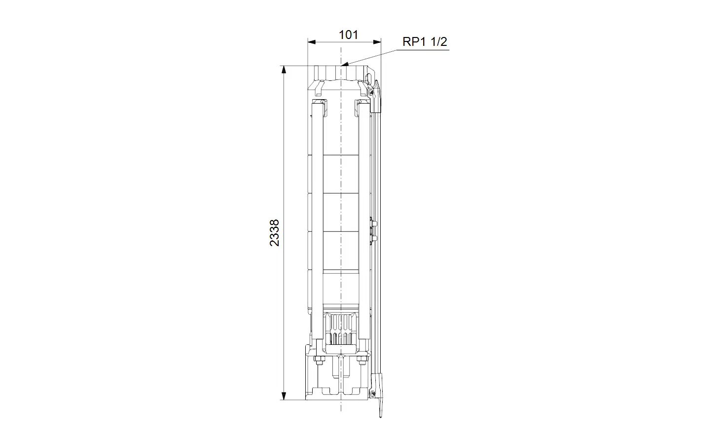 Vertikale Unterwasserpumpe von Grundfos, erkennbar an der speziellen Bauform und den zahlreichen Anschlussmöglichkeiten. Skizze zeigt technische Details und Maße.