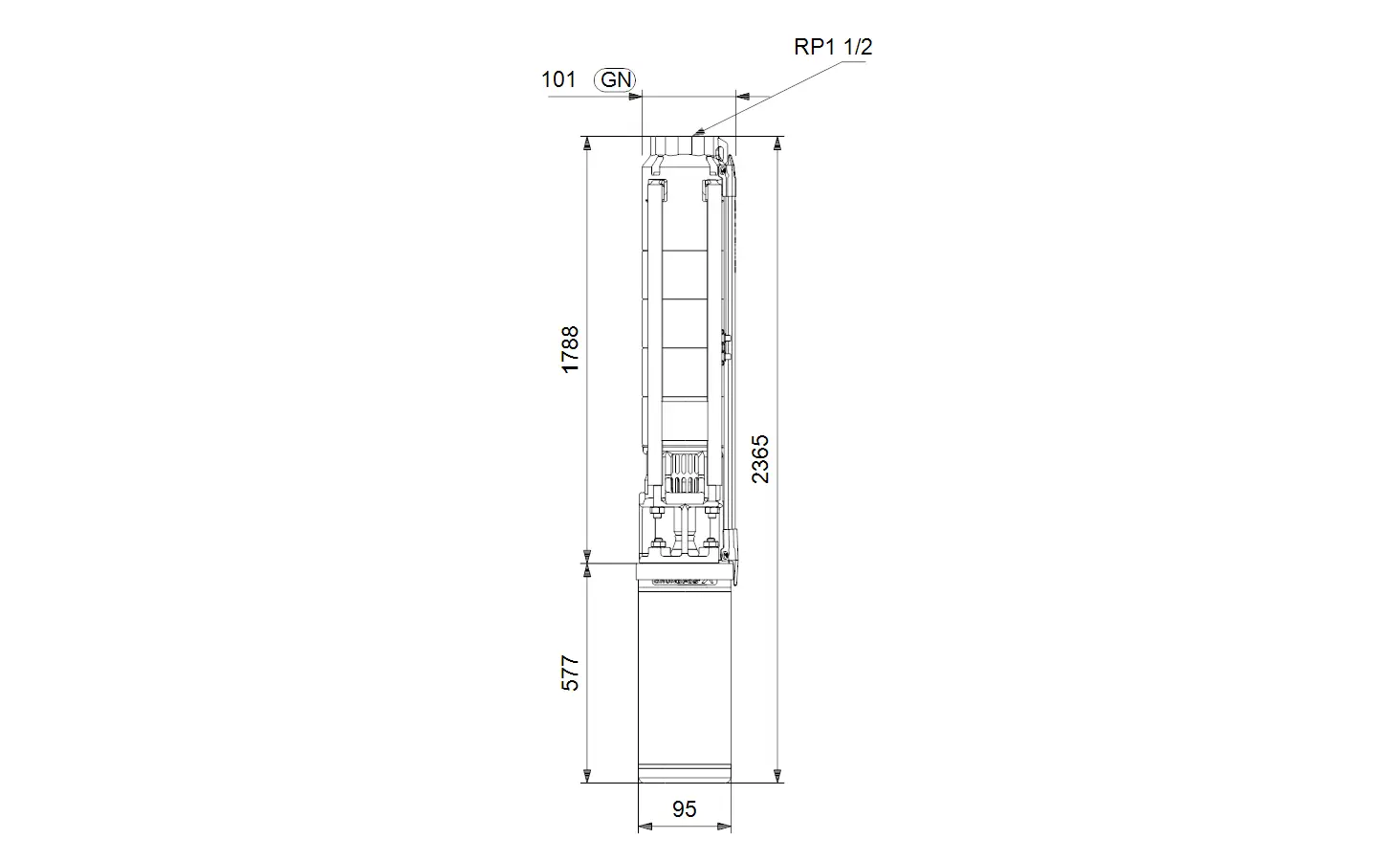 Technische Zeichnung einer Brunnenpumpe von Grundfos. Vertikale Ansicht mit Abmessungen und Anschlussdetails.