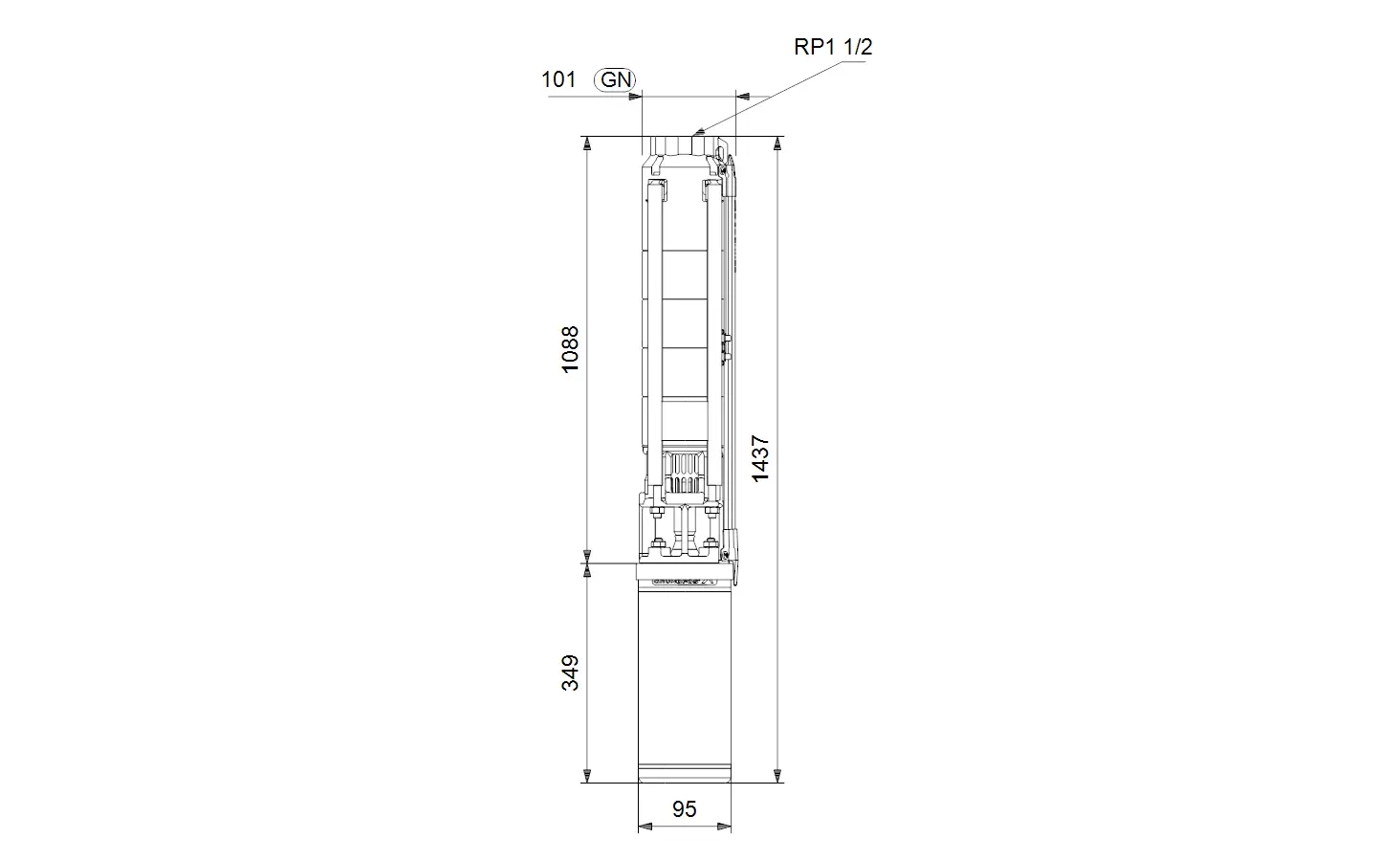 Vertikale Brunnenpumpe von Grundfos mit Anzeige von Maßen und Anschlussdetails. Darstellung einer technischen Zeichnung mit spezifischen Abmessungen.
