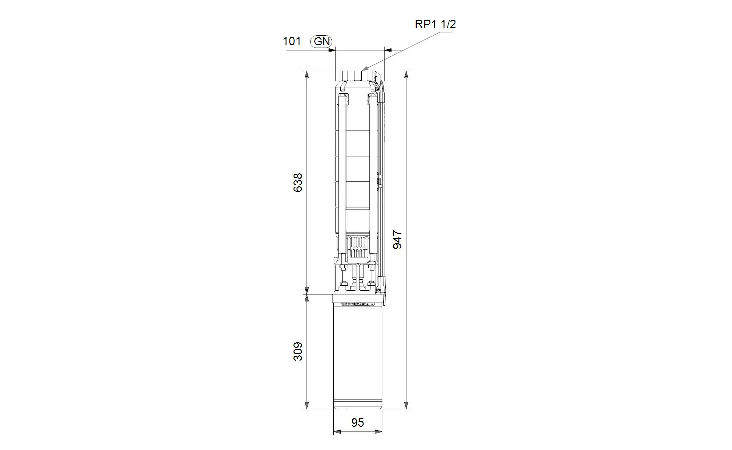 Grundfos Brunnenpumpe, unter Wasser montiert, mit vertikalem Design und mehreren technischen Komponenten, dargestellt in einem maßstabsgetreuen technischen Diagramm.