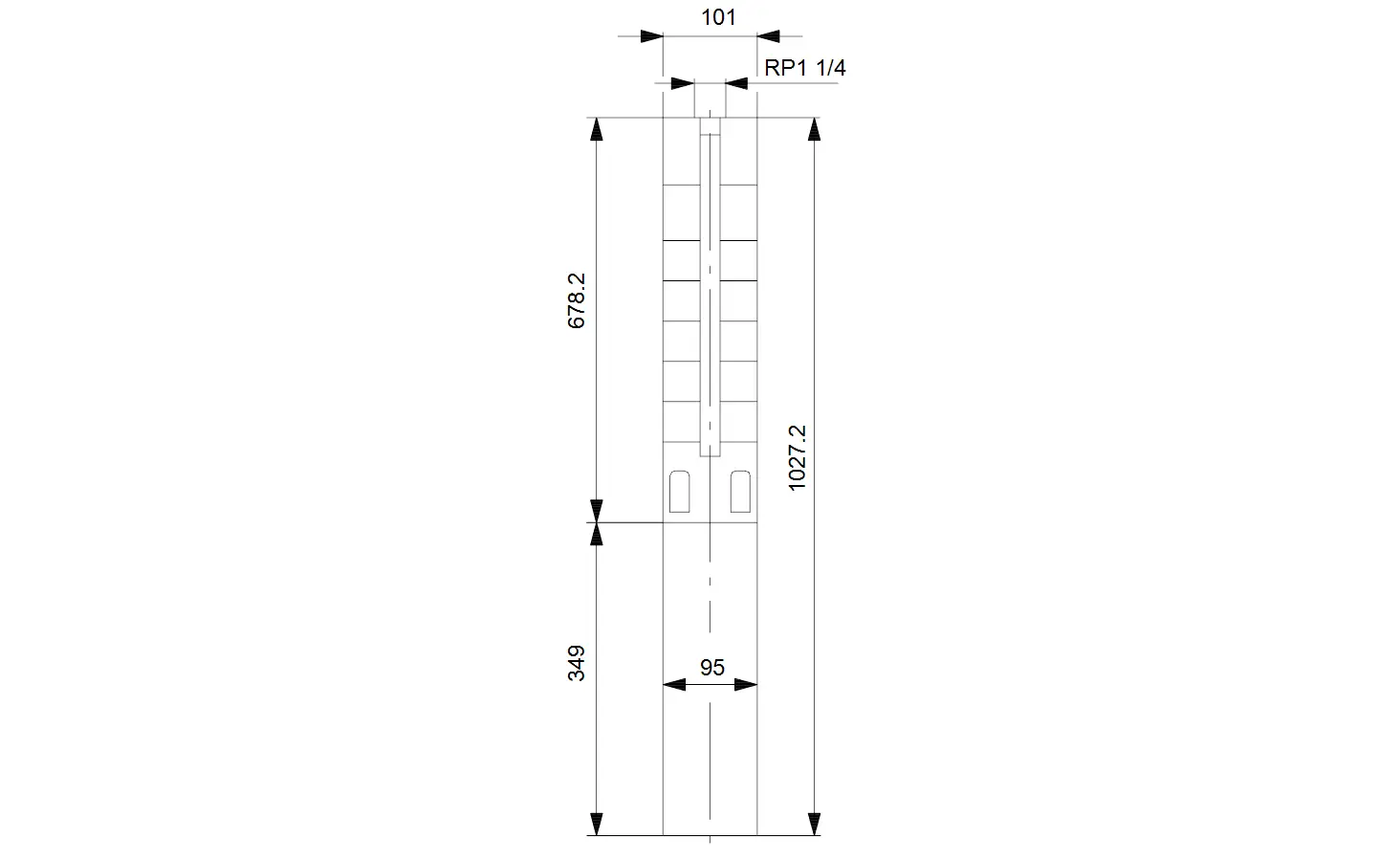 Grundfos Brunnenpumpe mit geometrischem Design, abgebildet in technischer Zeichnung, zeigt detaillierte Maße und Konstruktionselemente.