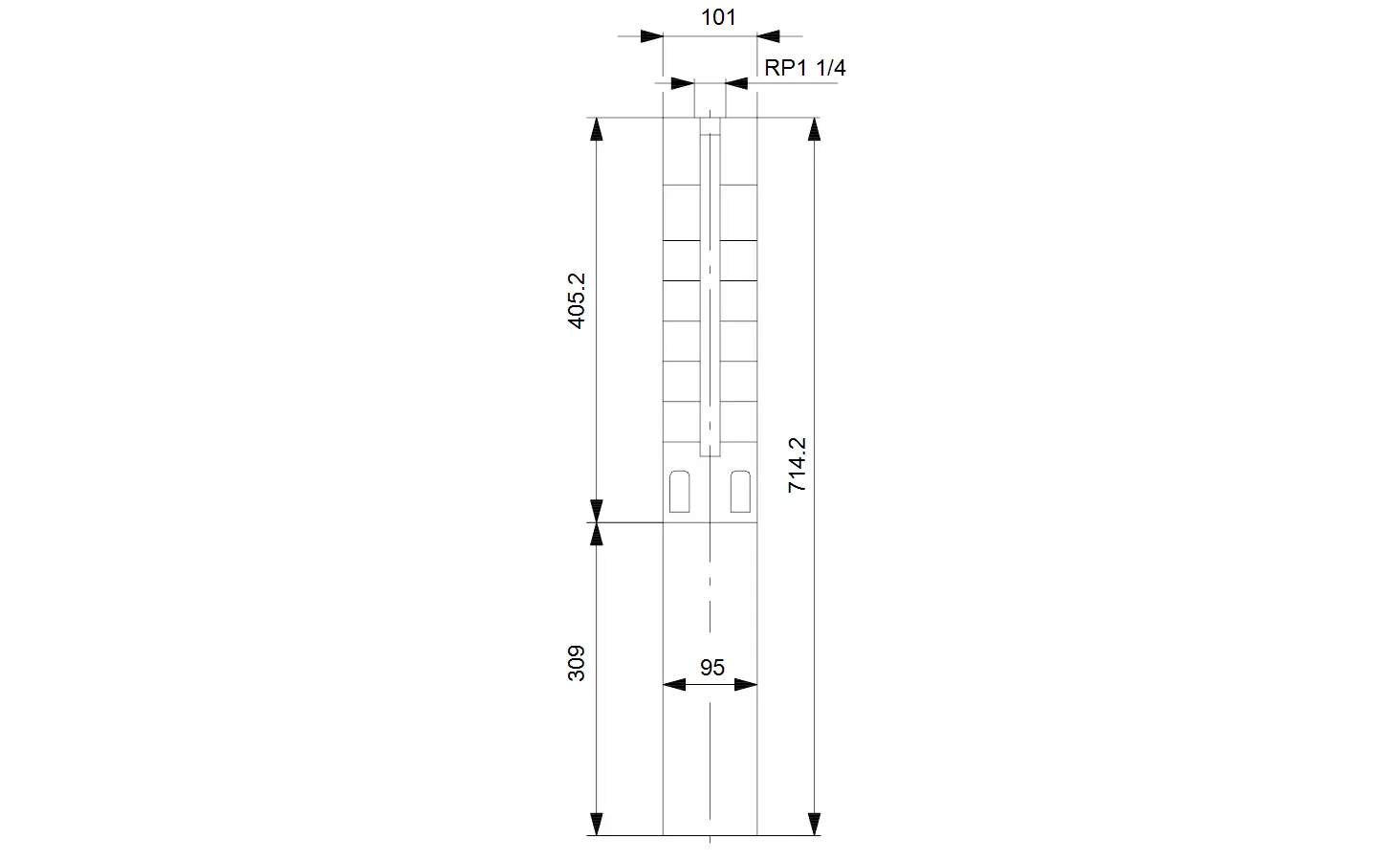 Grundfos Brunnenpumpe, Unterwasserpumpe mit vertikalem Design, maßstabsgetreu abgebildet, inklusive Anordnung der Anschlüsse und Maßdetails für Installation.