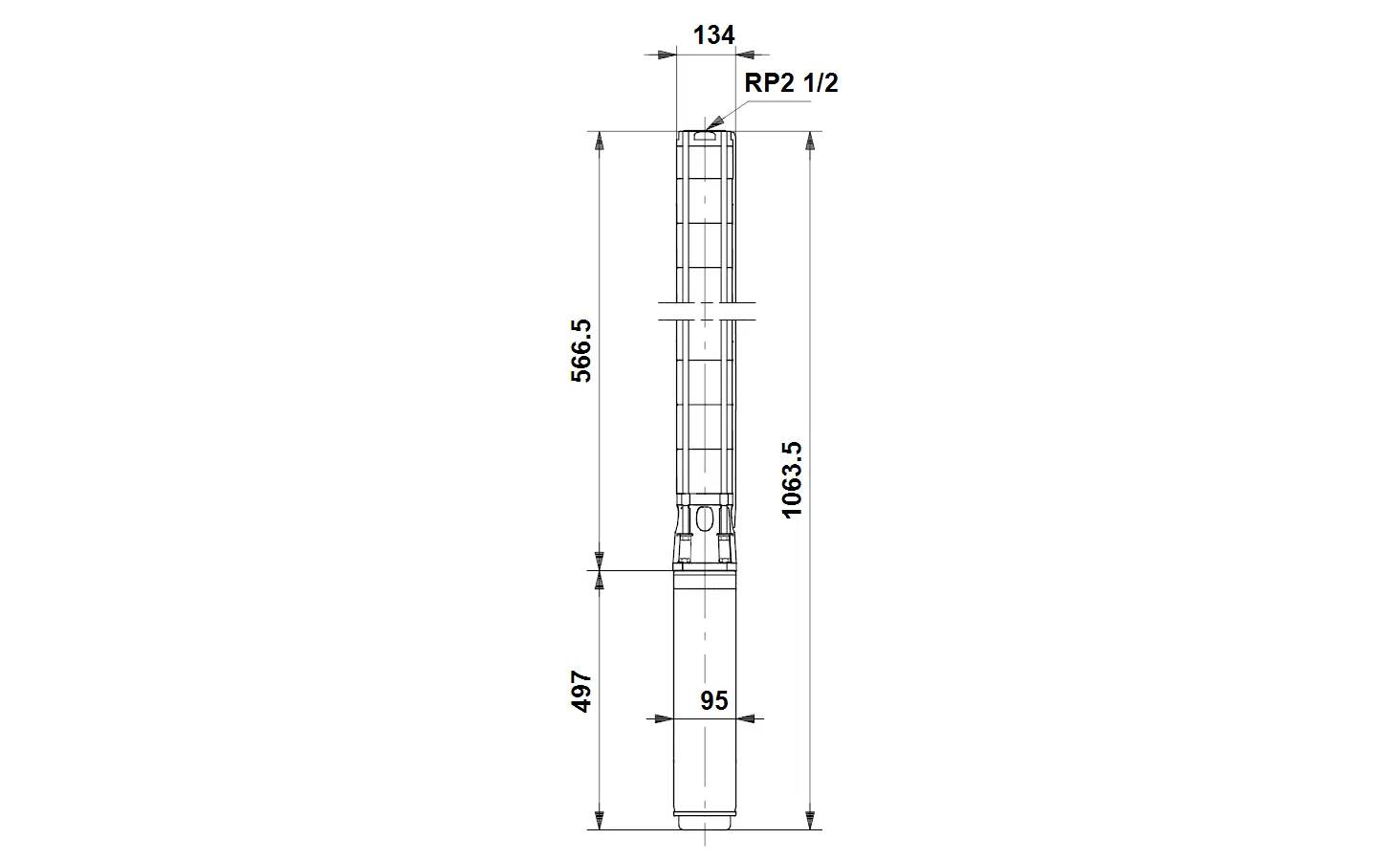 Vertikale Grundfos-Unterwasserpumpe mit klaren Maßangaben, abgebildet in technischer Zeichnung mit präzisen Dimensionen. Veranschaulicht die Montage- und Anschlussdetails.