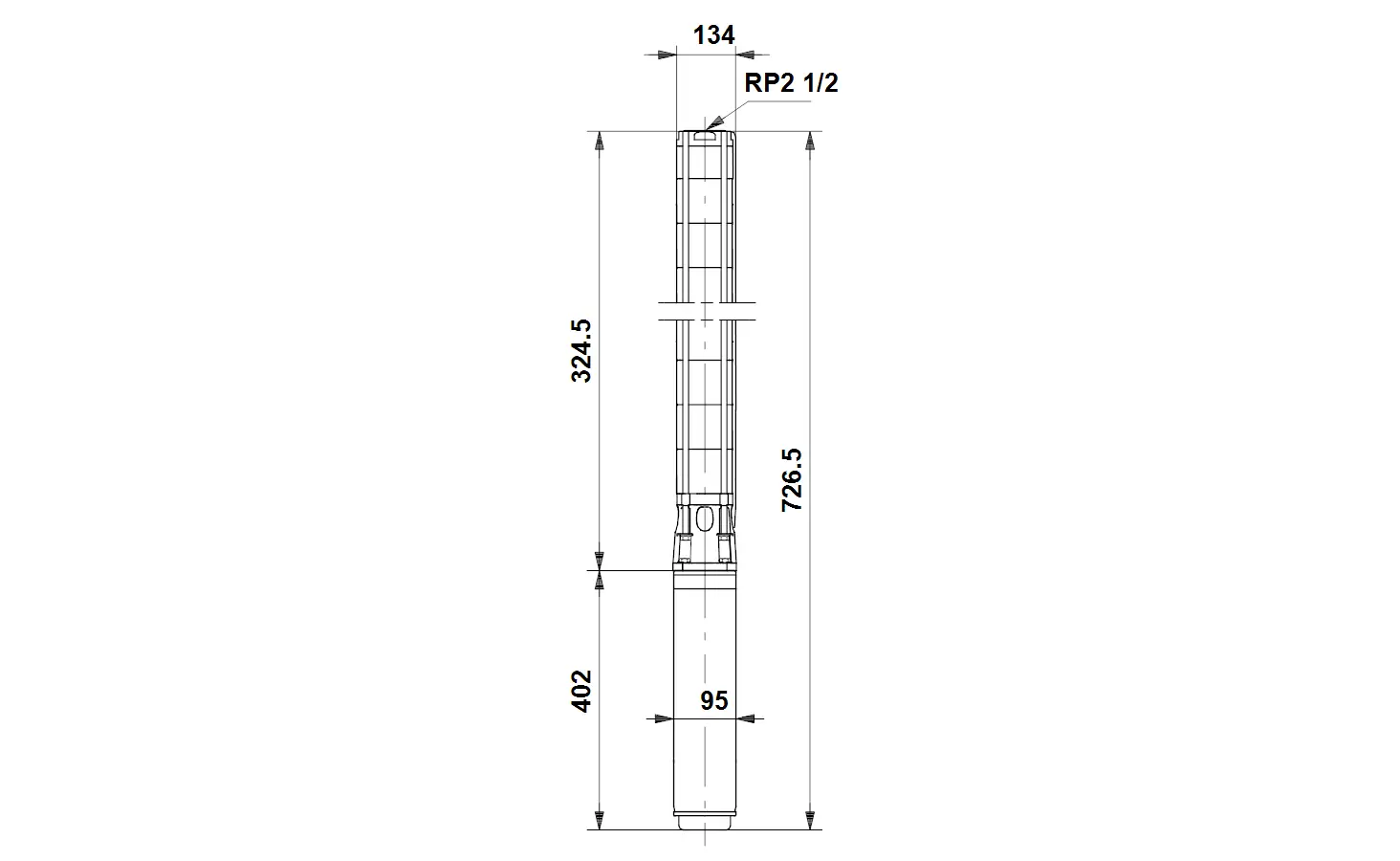 Grundfos Unterwasserpumpe mit einem langen, schlanken Gehäuse und mehreren sichtbaren Anschlüssen. Maße und spezifische Details sind im technischen Diagramm dargestellt.