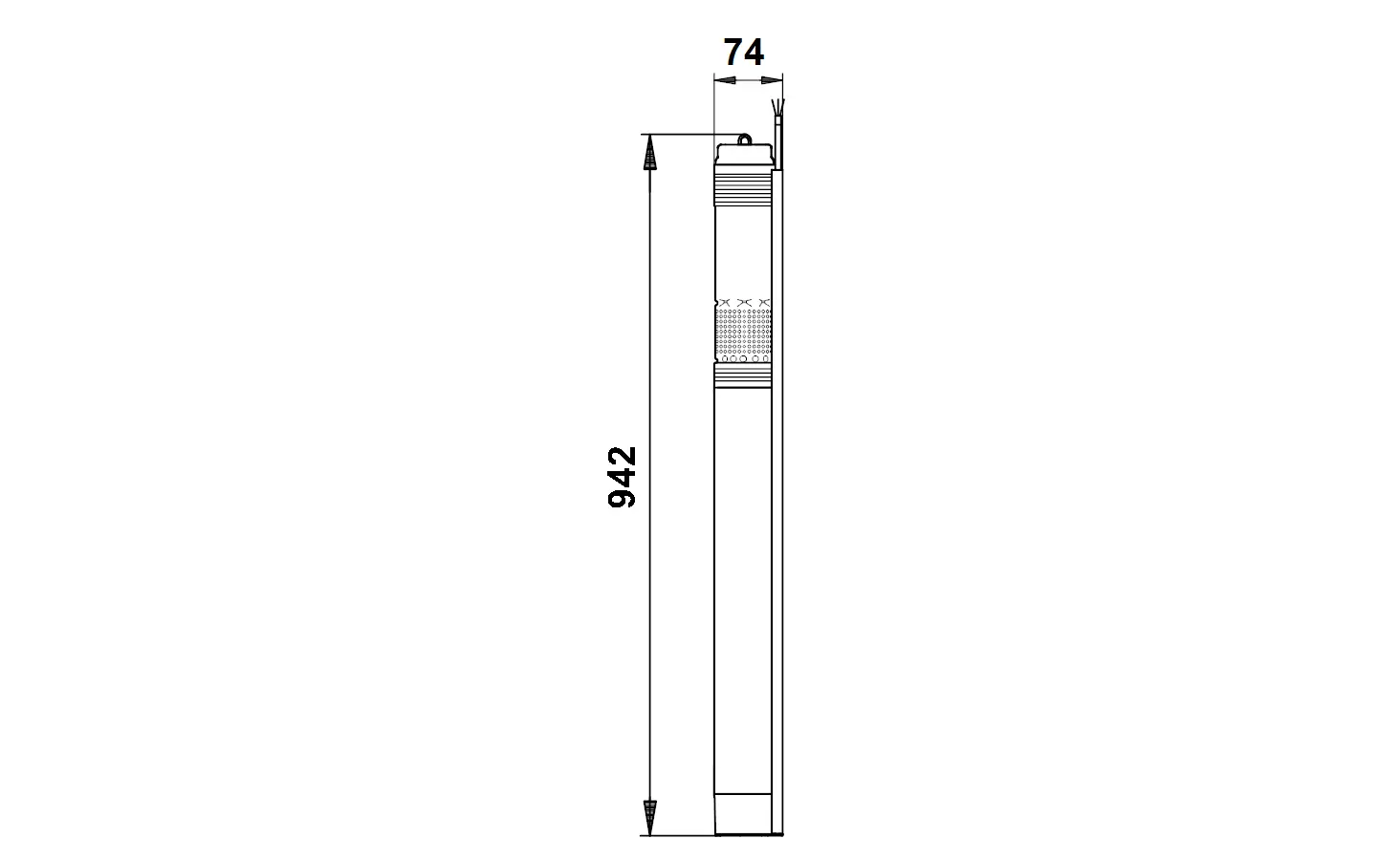 Vertikale Brunnenpumpe von Grundfos mit Kabelanschluss. Gezeichnete technische Darstellung mit Maßangaben zur Installation und Nutzung.