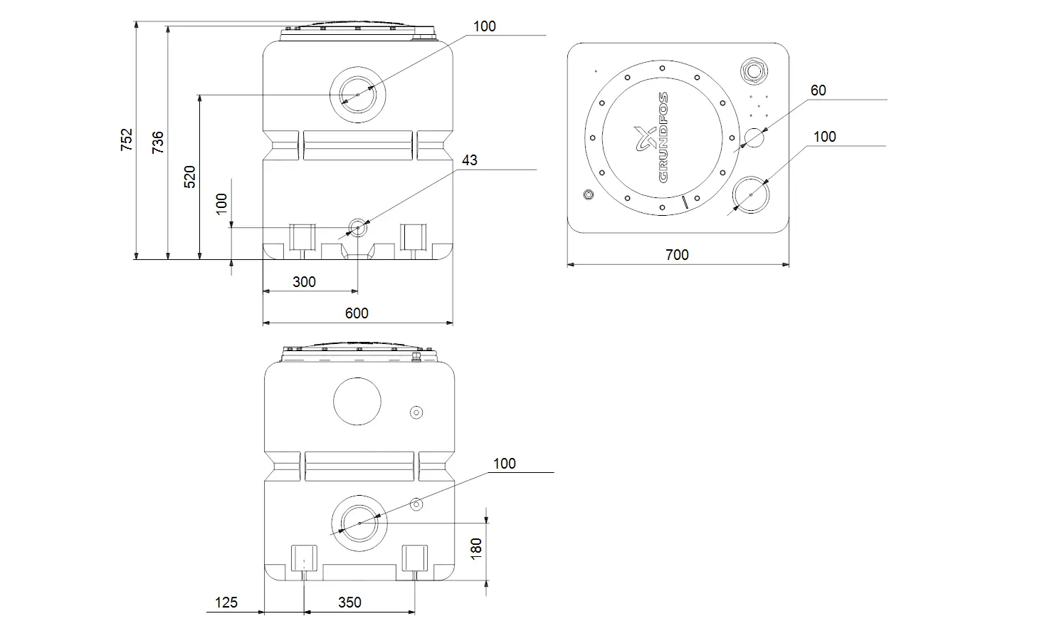 Technische Zeichnung eines Behälters von Grundfos mit Maßangaben. Die Ansicht zeigt die Vorder-, Seiten- und Oberansicht sowie relevante Anschlüsse und Dimensionen.