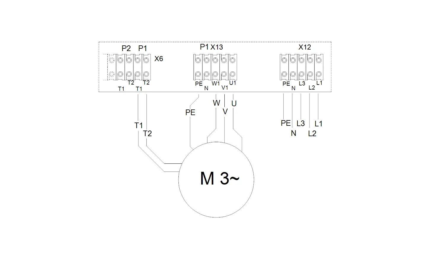 Schaltplan eines Steuer- und Regelsystems mit Verbindungen für einen Motor, dargestellt in einem schematischen Diagramm. Grundfos ist als Hersteller angegeben.