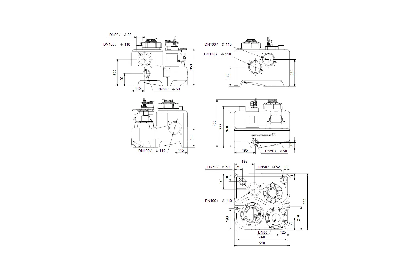 Mehrere technische Zeichnungen einer Fäkalienhebeanlage von Grundfos mit verschiedenen Ansichten und Dimensionen für installierte Komponenten und Anschlüsse.