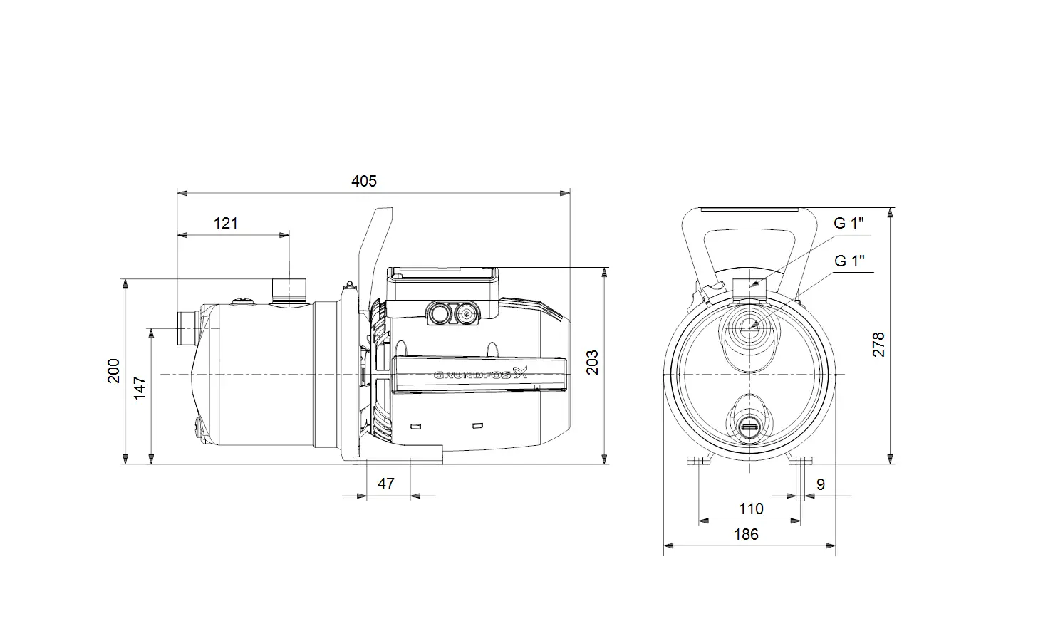 Technische Zeichnung einer Grundfos-Pumpe mit seitlicher und frontaler Ansicht. Maße und Anschlussdetails sind zu erkennen. G1" Anschluss vorhanden.