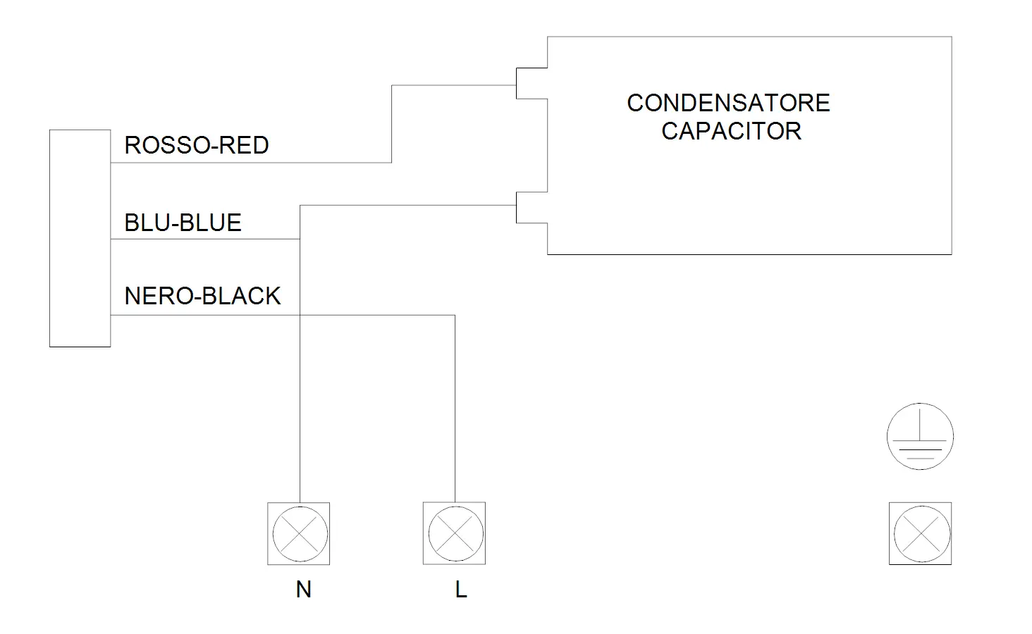 Schaltplan einer Gartenpumpe von Grundfos mit einem Kondensator. Kabelverbindungen in Rot, Blau und Schwarz zu den Anschlüssen N und L.