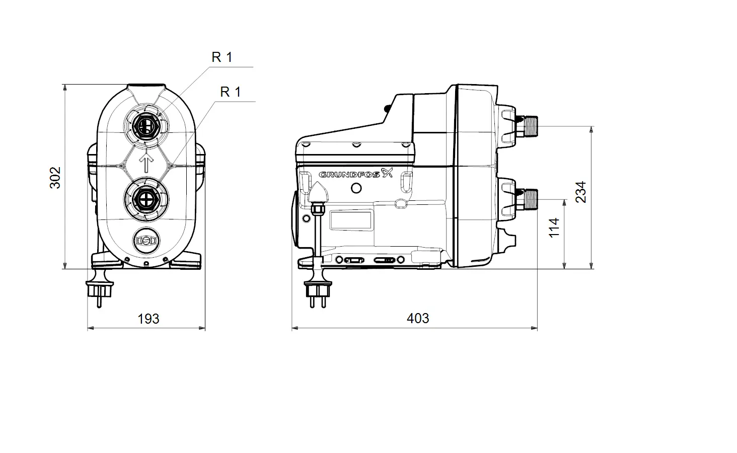 Grundfos Druckerhöhungsanlage mit zwei anschlussfähigen Einlassöffnungen. Technische Zeichnung mit maßlicher Darstellung der Pumpe in Seiten- und Vorderansicht.