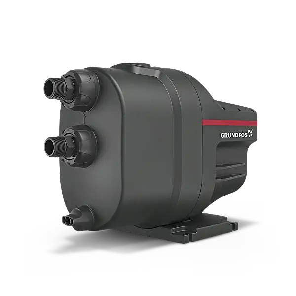 Schwarze Grundfos Pumpe mit drei Anschlüssen. Kompakt designte Bauform für Druckerhöhungsanlagen, montiert auf einer stabilen Basis.