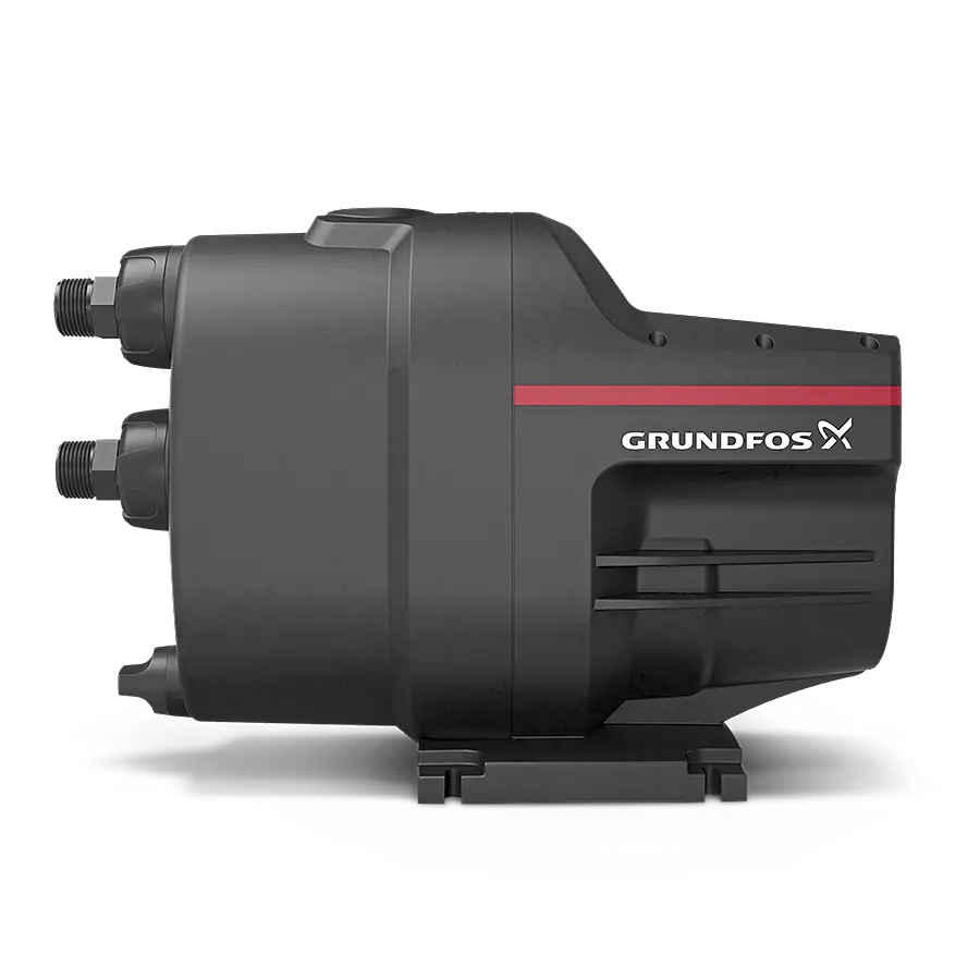 Grundfos Gartenpumpe mit zwei Anschlussanschlüssen, einem kompakten Gehäuse und einer roten Markierung. Das Gerät zeigt eine robuste Bauweise für den Einsatz in Gartenanlagen.