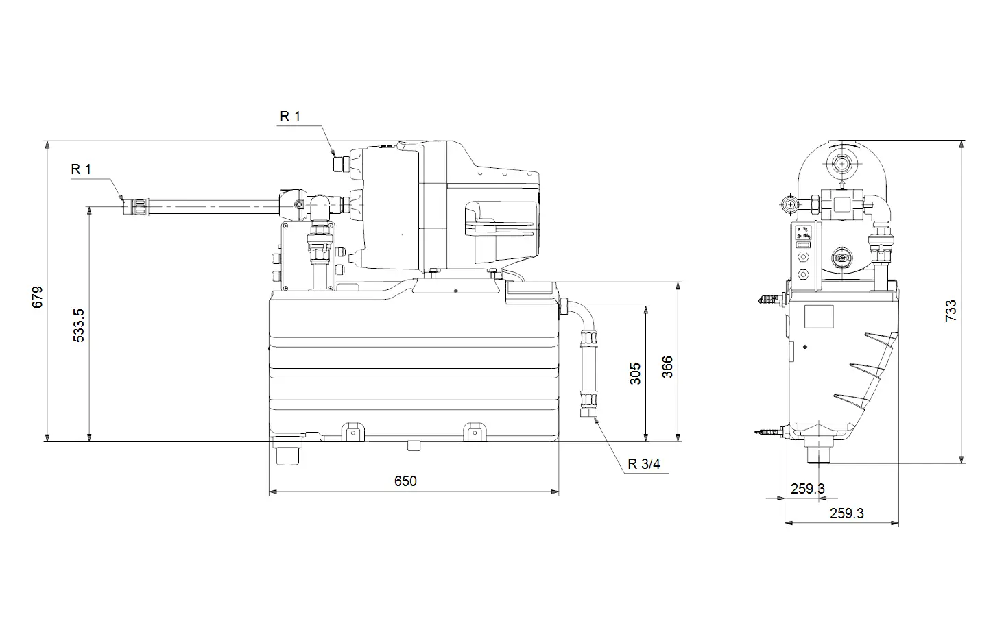 Hauswasserwerk von Grundfos mit einer kompakten Bauform, abgebildet im seitlichen und frontalem Schnitt, zeigt Anschlüsse, Motor und Behälter. Maße sind schematisch dargestellt.