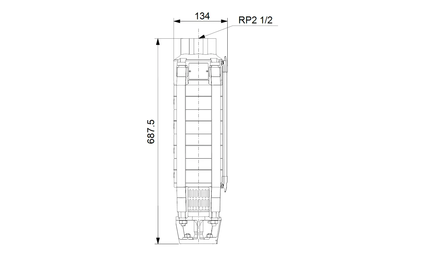 Zeichnung einer Grundfos Unterwasserpumpe SP 18-7 mit Maßangaben 687.5 und 134.