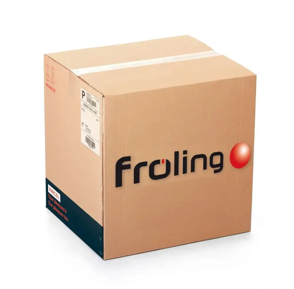 Karton mit dem Logo von Fröling, beschriftet mit Versandinformationen und dem Hinweis „FRAGILE“. Verpackung für ein Produkt, nicht weiter spezifiziert.