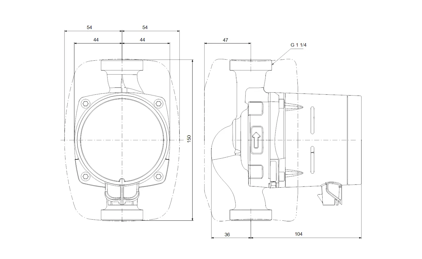Umwälzpumpe von Grundfos in schematischer Darstellung, mit Anschlüssen und Abmessungen, einschließlich der Gesamtmaße und Anschlussgewinde.