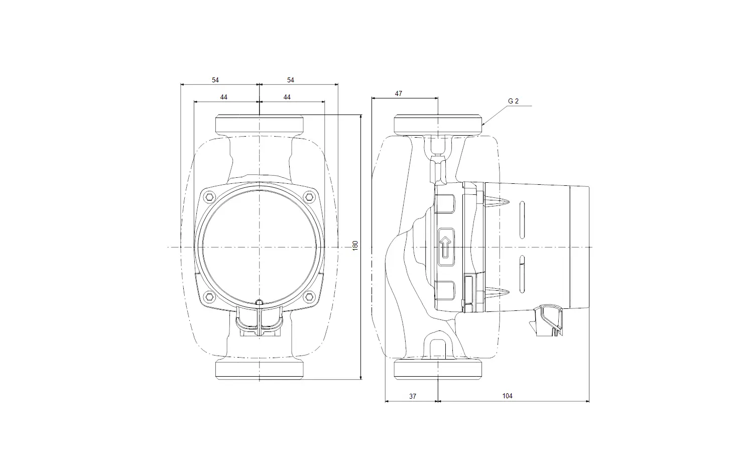 Diagramm einer Umwälzpumpe von Grundfos mit Ansicht von oben und der Seite. Darstellung zeigt Anschlussgrößen und Dimensionen.