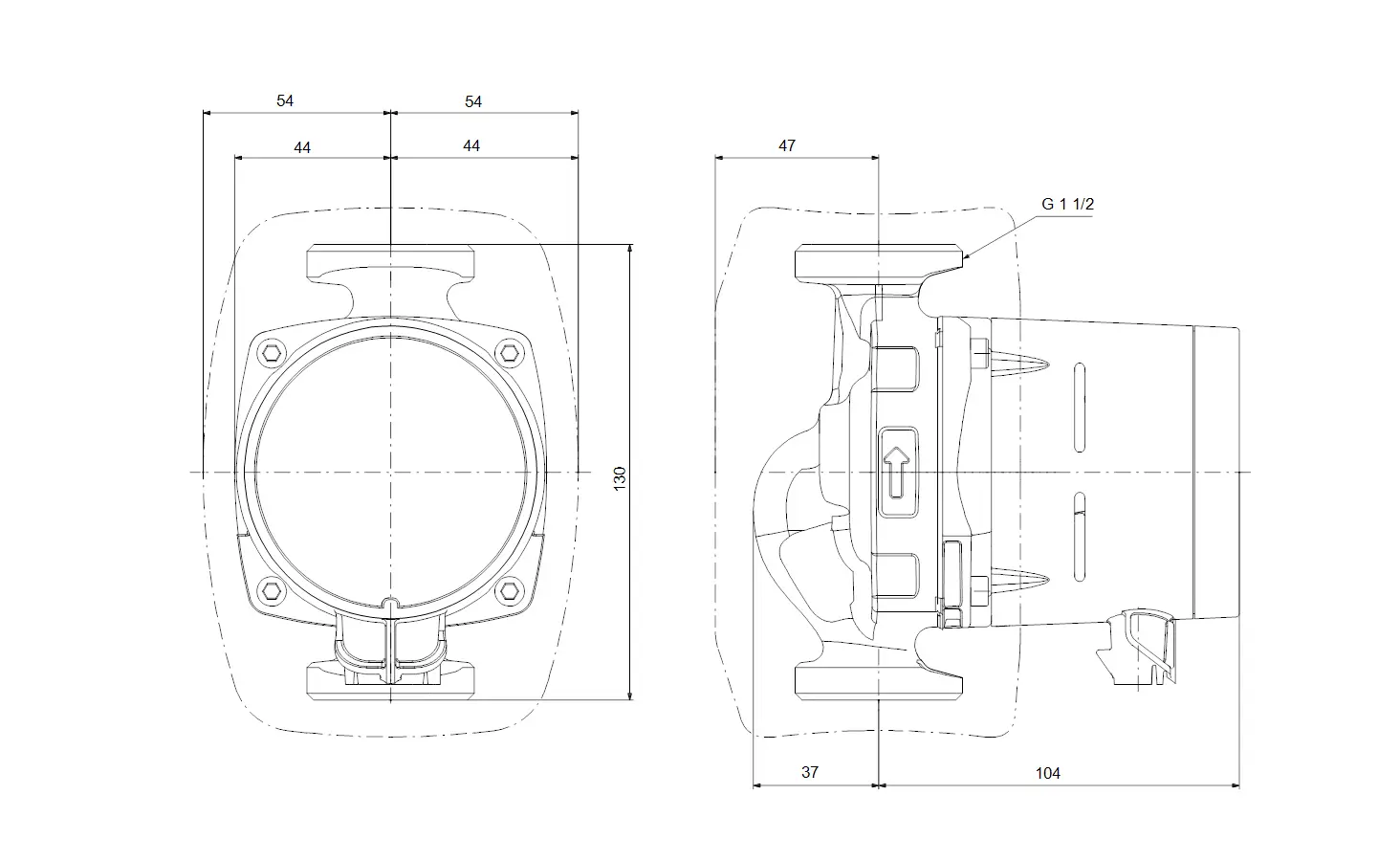 Umwälzpumpe von Grundfos mit einem kreisförmigen Gehäuse, Anschluss G 1 1/2, sichtbare interne Komponenten und verschiedene Maße, skizziert in technischem Zeichnungsstil.
