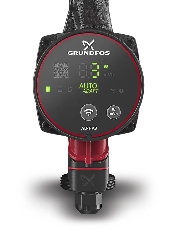 Schwarze Umwälzpumpe mit digitalem Display von Grundfos, Anzeige für Leistung und Durchfluss, zusammen mit Wi-Fi-Symbol und Steuerungselementen.
