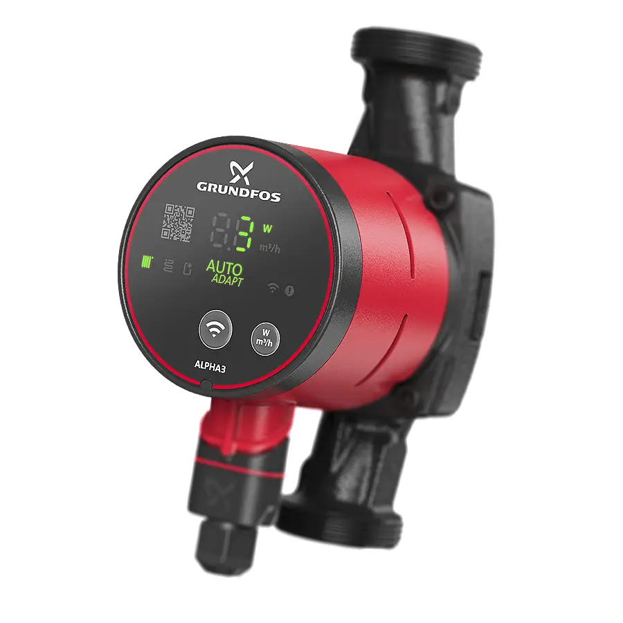 Umwälzpumpe von Grundfos mit digitalem Display, Anzeige für Energieverbrauch und Betriebsmodus. Ausgestattet mit WLAN-Funktionalität.
