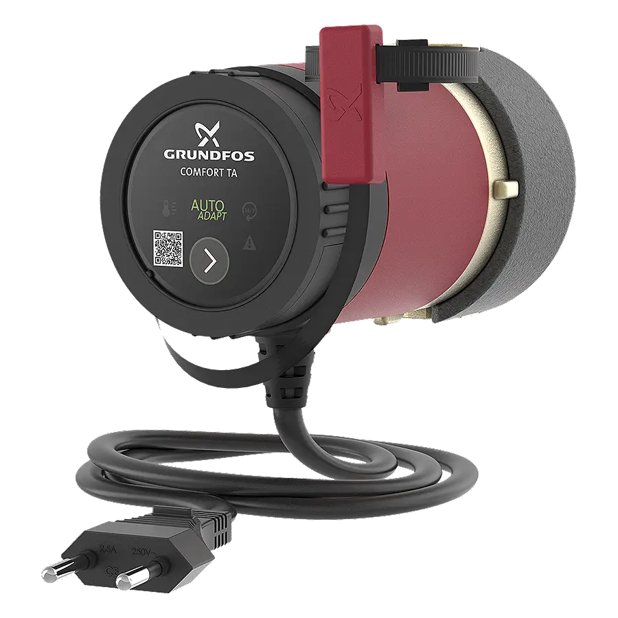 Umwälzpumpe von Grundfos mit runder Form, elektrischer Anschluss, schwarzem Gehäuse und einstellbarem Bedienfeld für Temperaturregelung.
