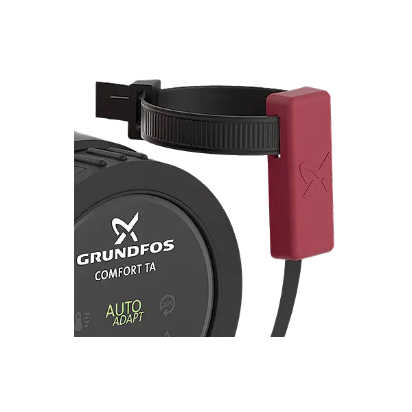Grundfos Umwälzpumpe mit digitalem Display und Steuerungsfunktion. Kabel und Halterung erkennbar. Schlichtes Design, angepasst für Heizungsanwendungen.