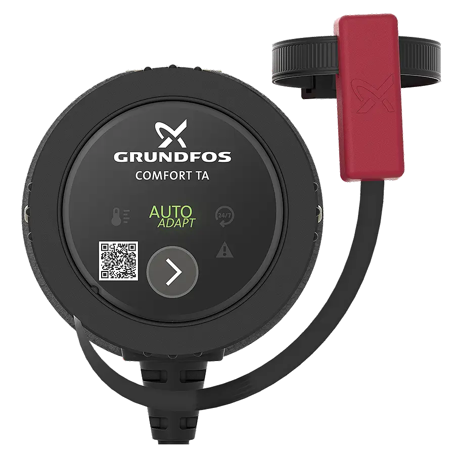 Schwarze Grundfos Umwälzpumpe mit digitalem Display, Knöpfen und einem QR-Code. Die Anzeige zeigt den Status "AUTO ADAPT" an.