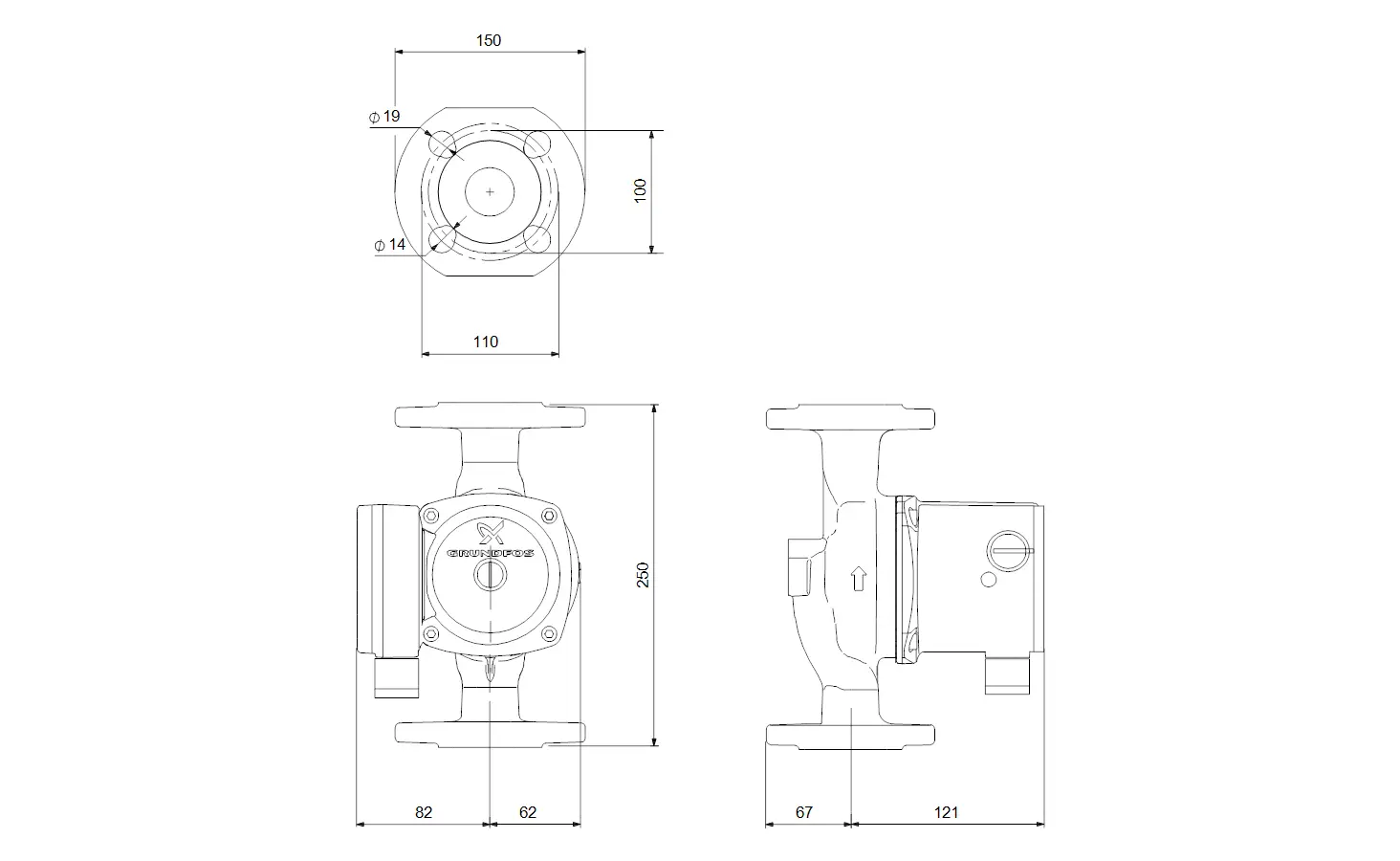 Umwälzpumpe von Grundfos mit zwei Anschlussflanschen. Technische Zeichnung zeigt Maße und Anschlüsse für DN 40. Sicht aus der Front- und Seitenansicht.
