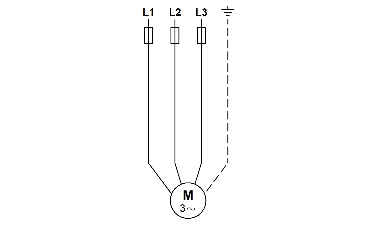 Schema einer Dreiphasenumwälzpumpe von Grundfos mit drei eingezeichneten Leitungen für L1, L2 und L3 sowie einem Erdungssymbol.