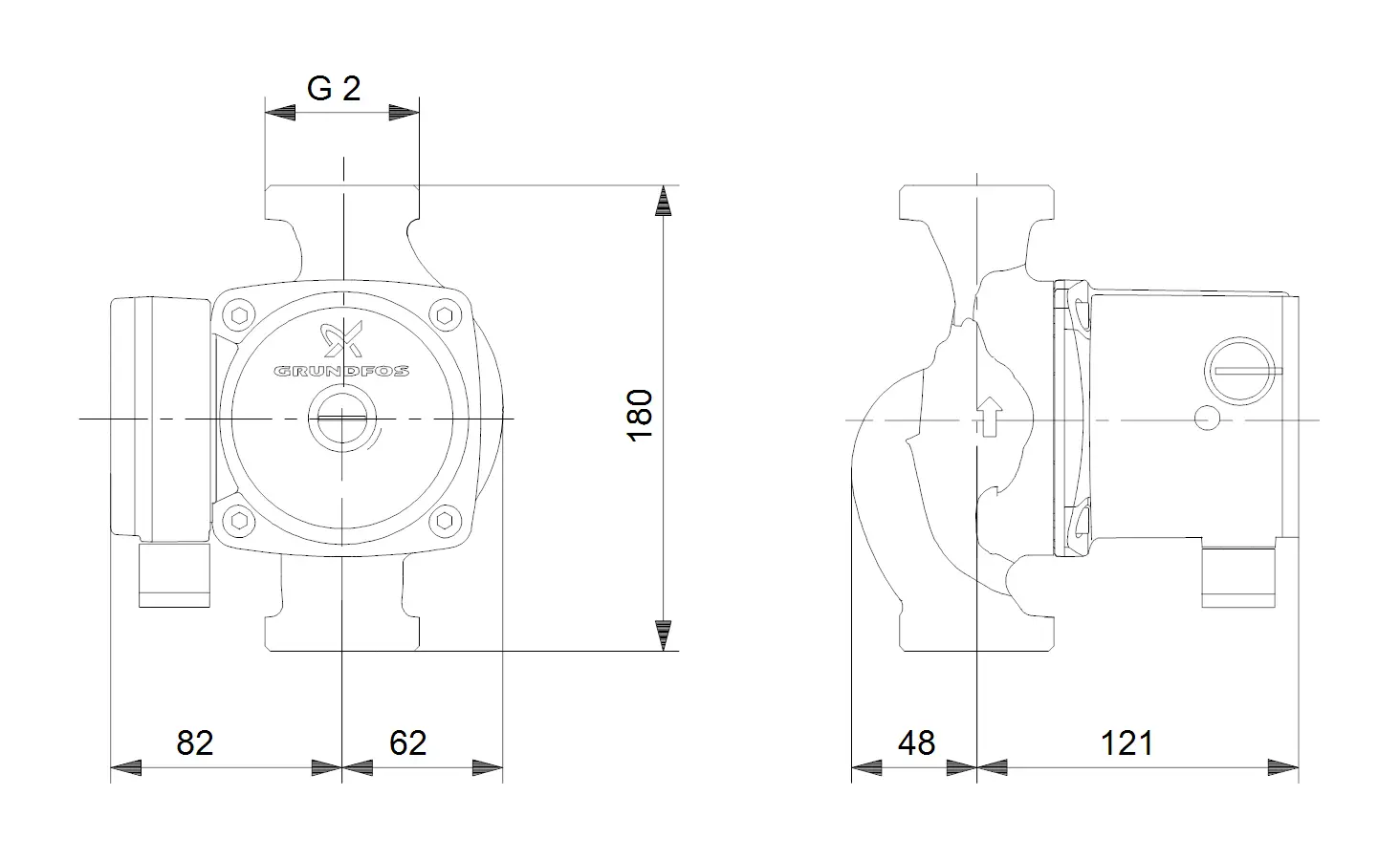 Grundfos Umwälzpumpe mit zwei Anschlüssen, seitlicher Sicht, Maßlinien und einer schlanken Bauform für Einsatz in Heizungssystemen.