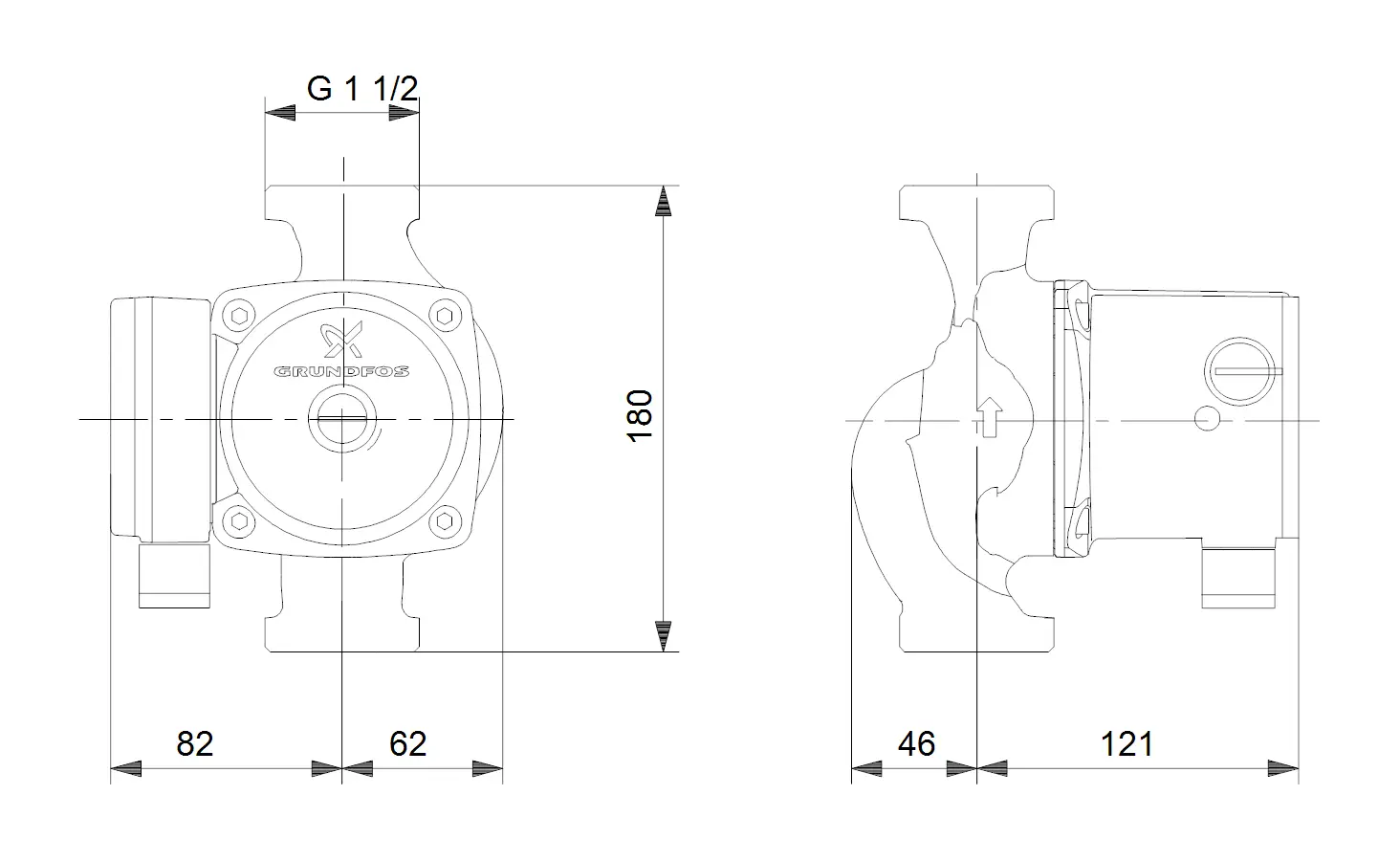 Umwälzpumpe von Grundfos, mit G 1 1/2 Anschluss, dargestellt in technischen Zeichnungen von der Vorder- und Seitenansicht mit angegebenen Maßen.