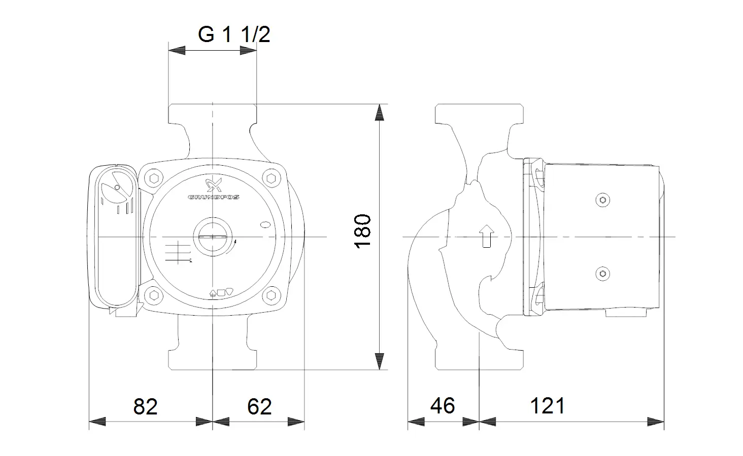 Grundfos Umwälzpumpe mit einem Anschlusmaß von G 1 1/2. Technische Zeichnung zeigt die Maße und Formdetails der Pumpe in Draufsicht und seitlicher Ansicht.