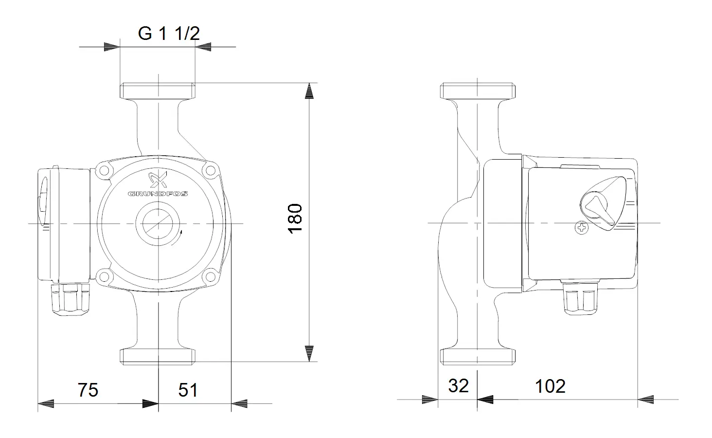 Umwälzpumpe von Grundfos mit fließenden Linien, seitlicher Anschluss und technischem Design, sichtbar sind verschiedene Maße und Anschlüsse.