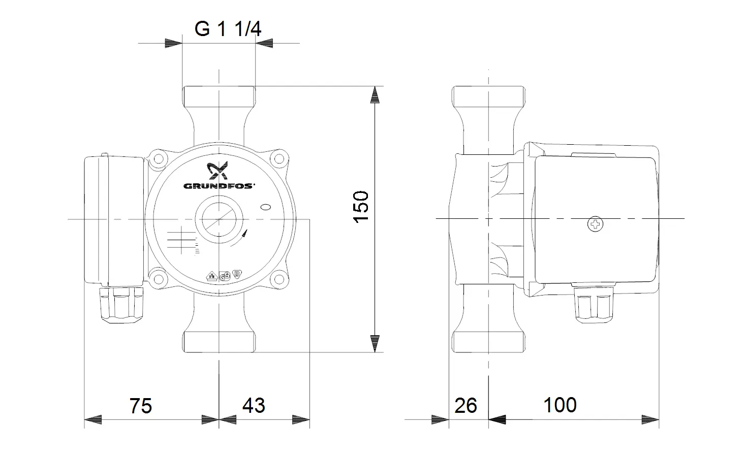 Umwälzpumpe von Grundfos mit einer runden Gehäuseform und einem elektrischen Anschluss an der Seite. Anschlüsse für Rohrleitungen sind oben und unten sichtbar.